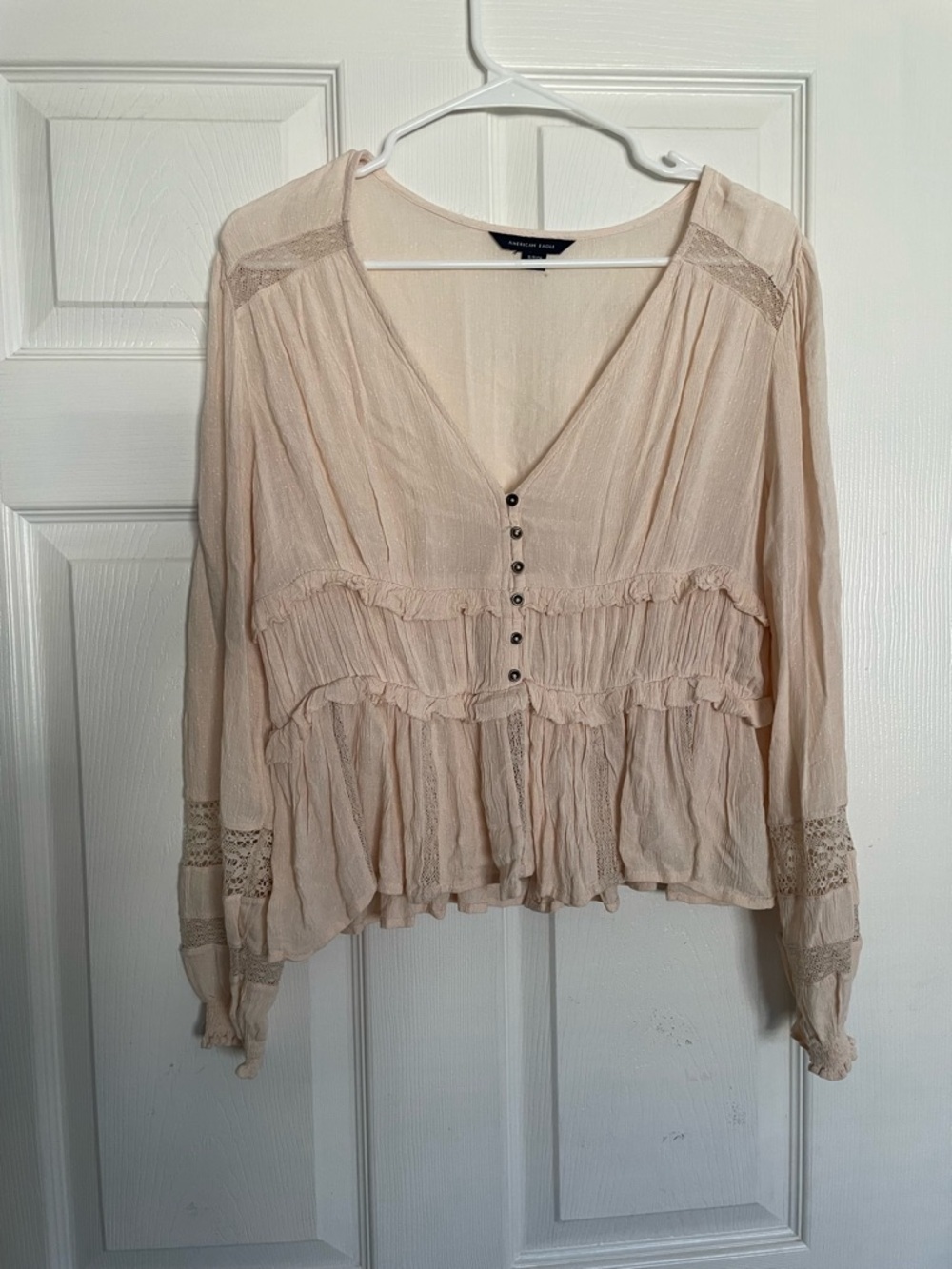 American Eagle Women's Small Blush Light Pink V-Neck Ruffle Button Front Blouse